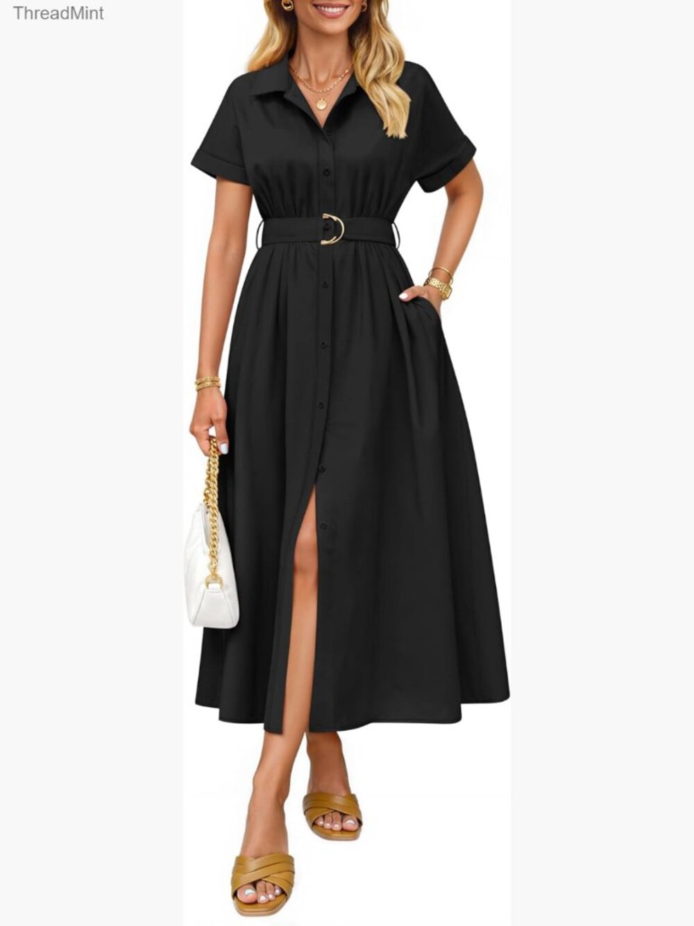 Women's Short Sleeve Midi Dress Button Down A Line Belt Work Business Casual